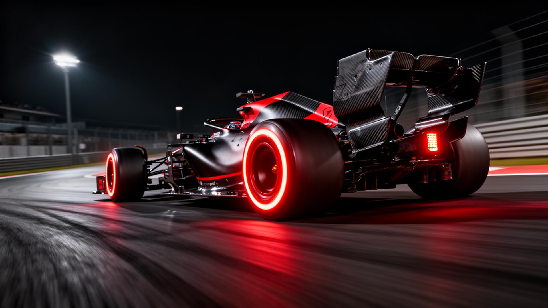 Formula 1 car at high speed with glowing brake discs